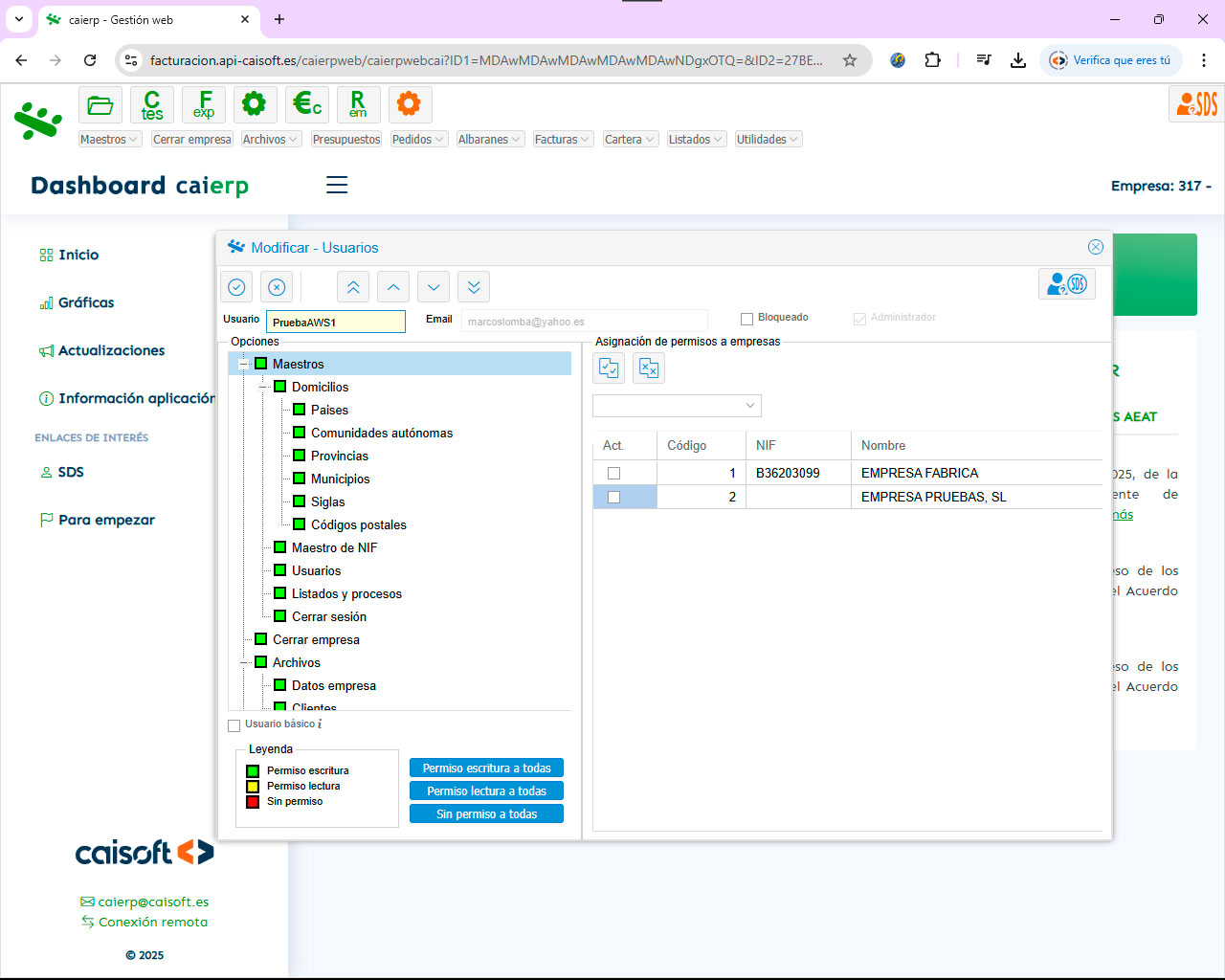 Configura y personaliza permisos y accesos de usuarios con el software ERP CAIERP Gestión avanzada de usuarios y control de accesos en CAIERP