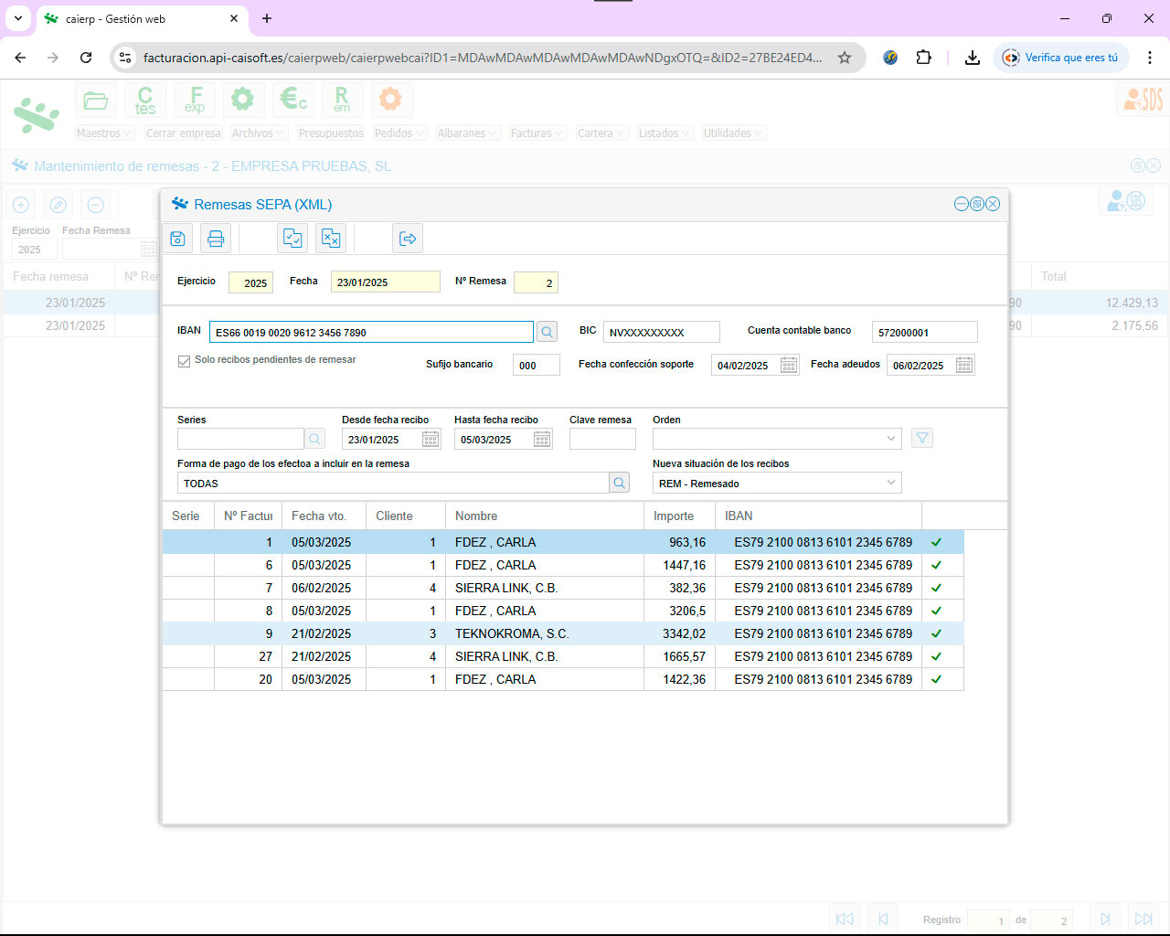 Crea remesas SEPA rápidamente con los filtros configurados en el software de gestión CAIERP Crea remesas SEPA de forma automática con los recibos seleccionados: programa ERP CAIERP