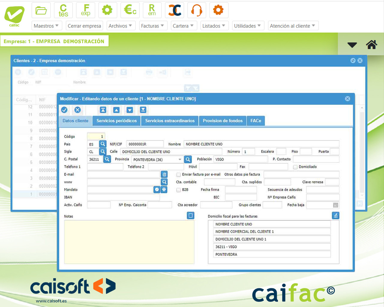 Gestión de clientes y facturación automatizada en CAIFAC en la web Pantalla de gestión de clientes con datos fiscales y facturación automatizada en el software online adaptado a VeriFactu