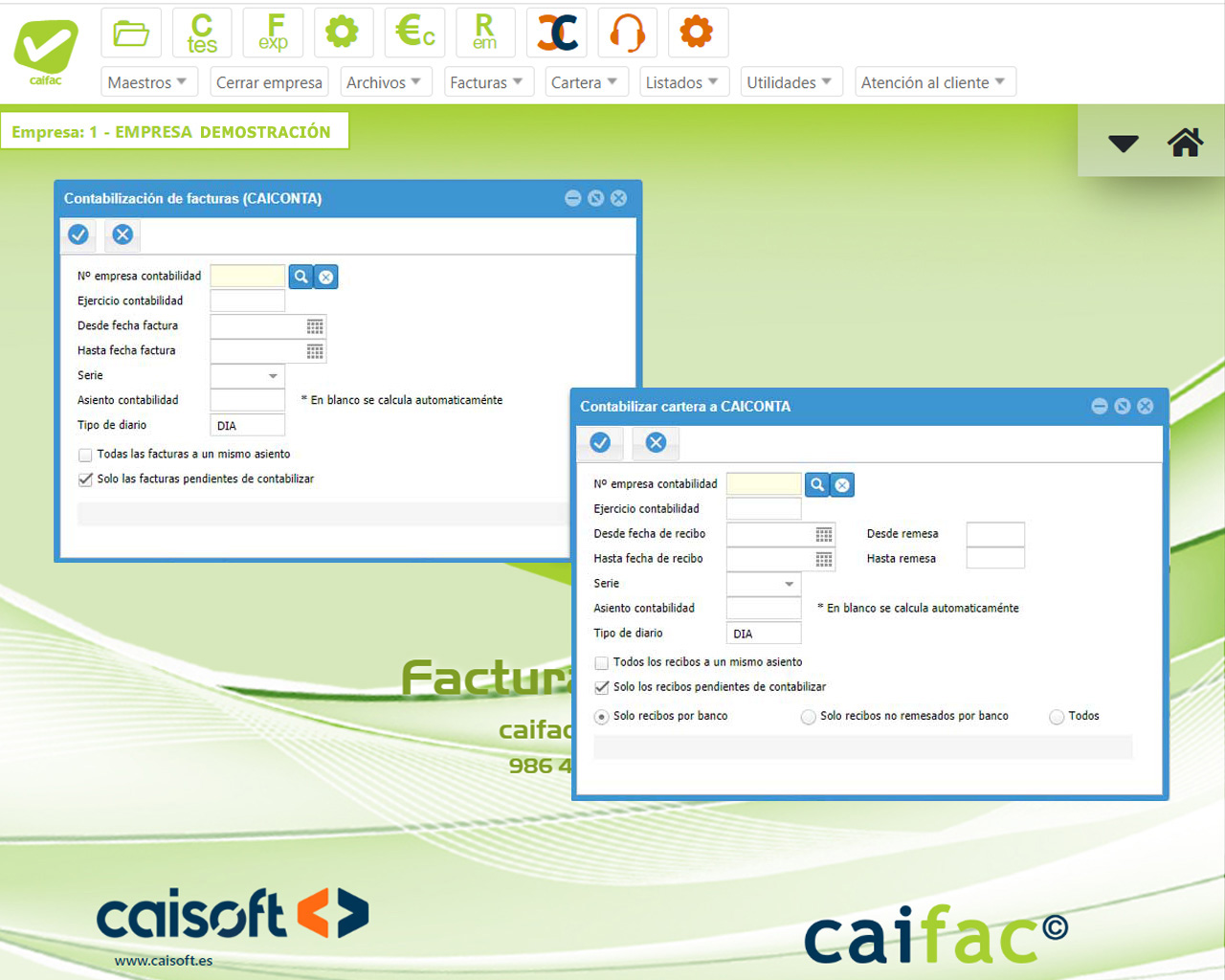 Integración contable automatizada en CAIFAC en la web con VeriFactu Pantalla de CAIFAC en la web mostrando la integración contable automatizada con VeriFactu