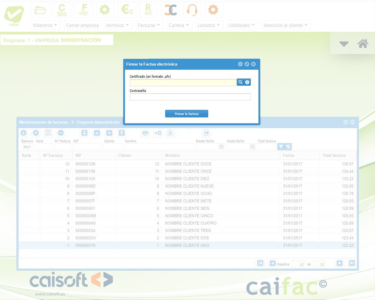 Generación de factura electrónica en CAIFAC en la web con VeriFactu class= Pantalla de generación de facturas electrónicas en CAIFAC en la web, compatible con FACe y adaptado a VeriFactu