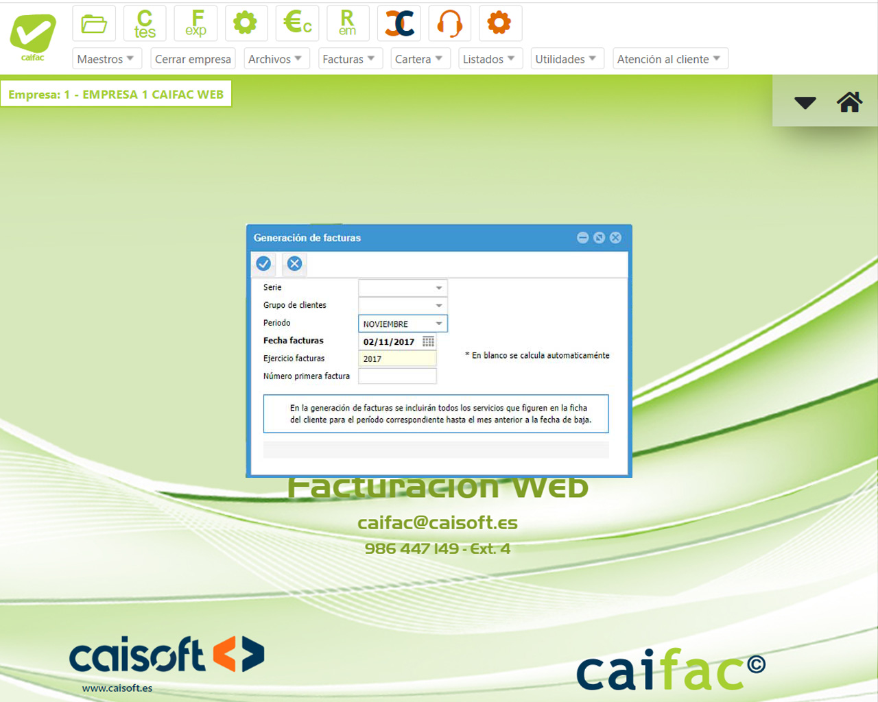 Generación de facturas en CAIFAC en la web, adaptado a VeriFactu Pantalla de generación de facturas en CAIFAC en la web, adaptado a VeriFactu para automatizar la facturación de servicios
