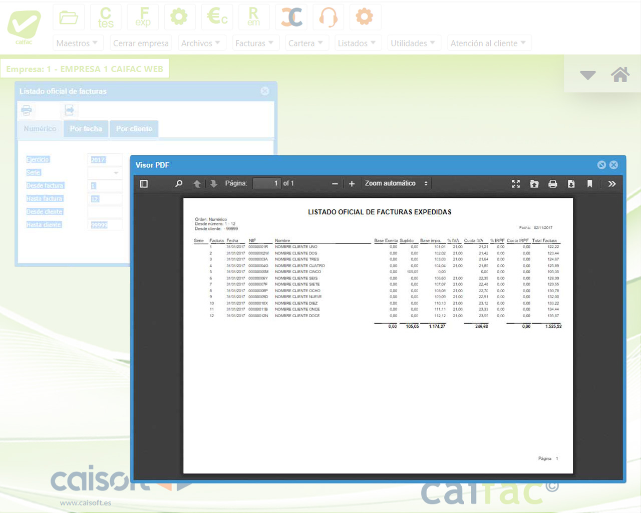 Listados personalizados en CAIFAC en la web con VeriFactu Pantalla de CAIFAC en la web mostrando la creación de listados personalizados adaptados a VeriFactu