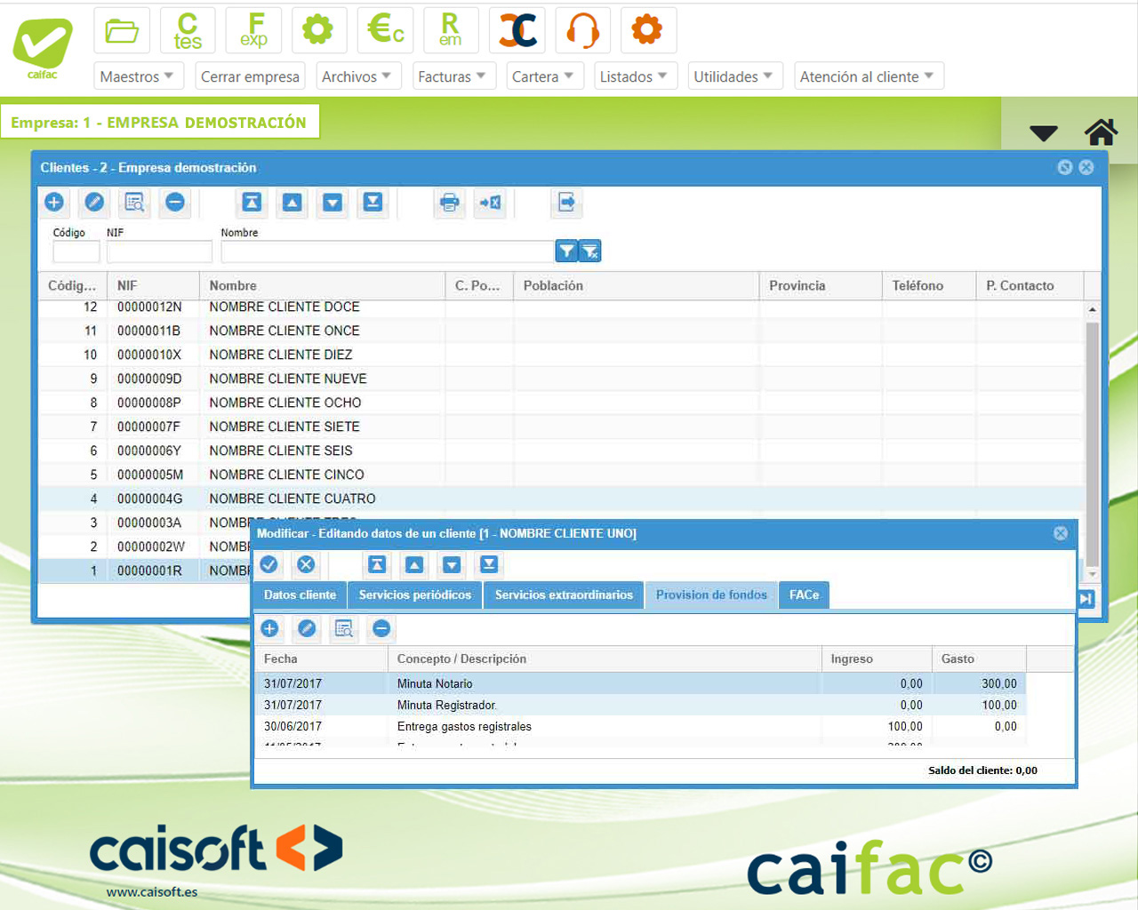 Gestión de provisiones y suplidos en CAIFAC en la web con VeriFactu Interfaz de CAIFAC en la web mostrando el registro detallado de provisiones de fondos y suplidos, adaptado a VeriFactub