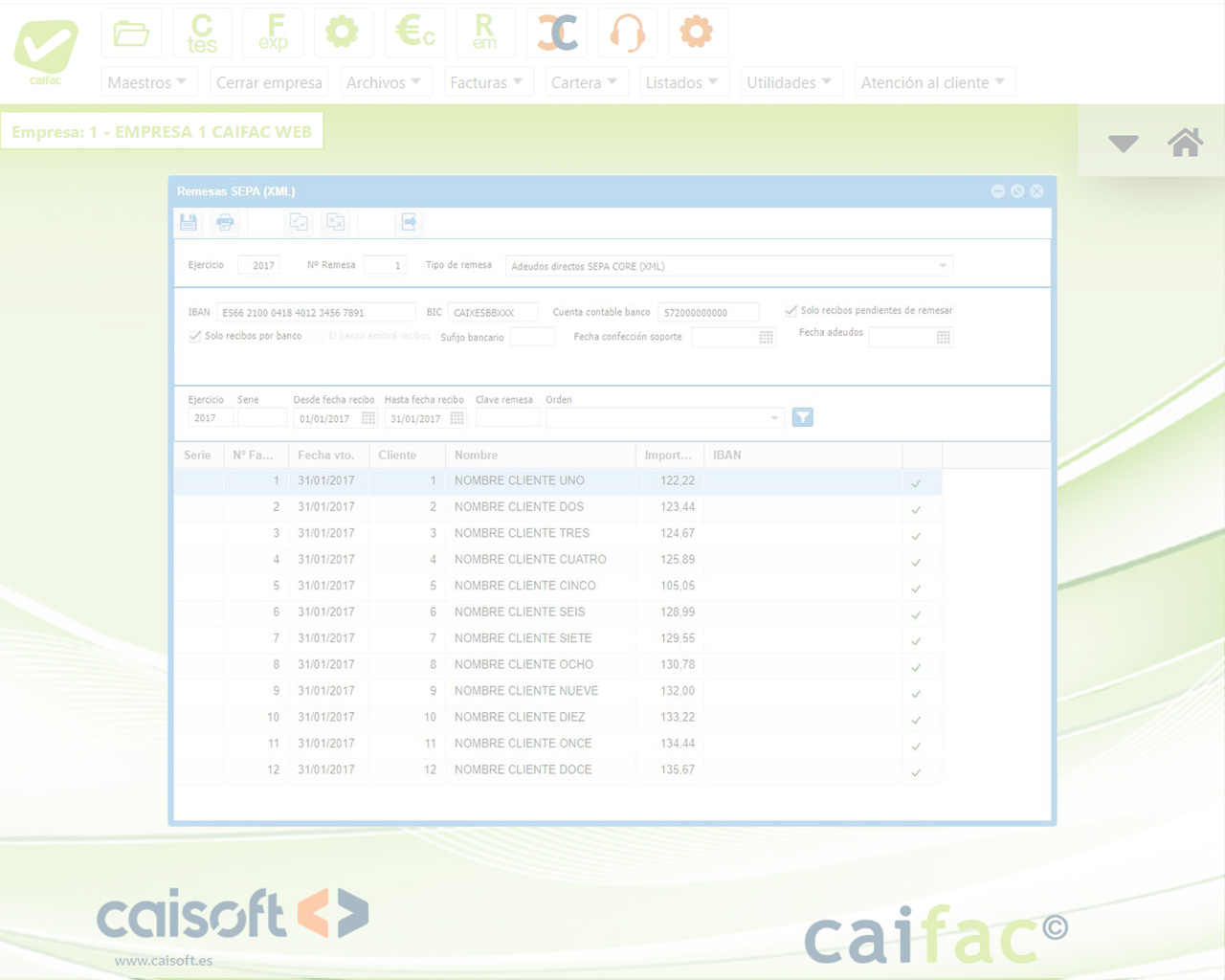 Creación de remesas en CAIFAC en la web, adaptado a VeriFactu Pantalla de creación de remesas en CAIFAC en la web, adaptado a VeriFactu para automatizar los cobros y la gestión de pagos