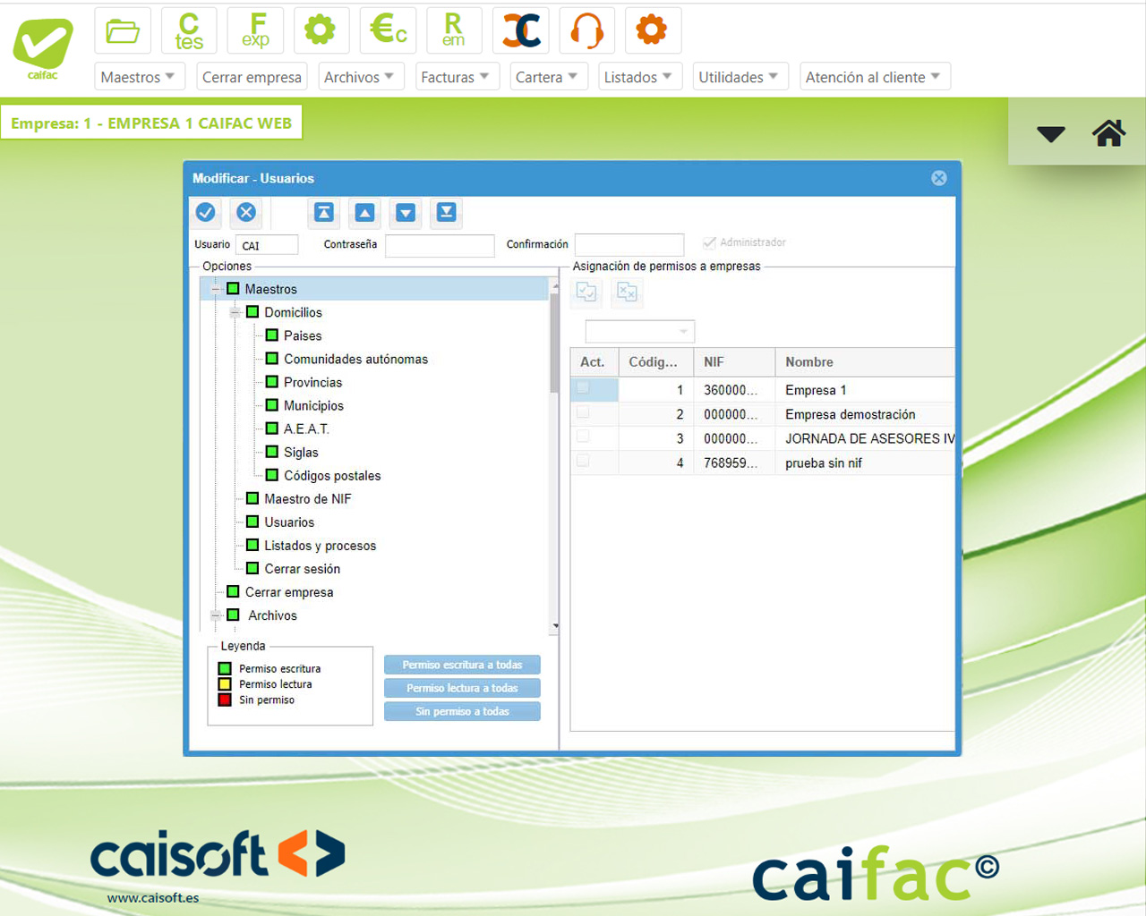 Interfaz de CAIFAC en la web mostrando la configuración de usuarios y asignación de permisos